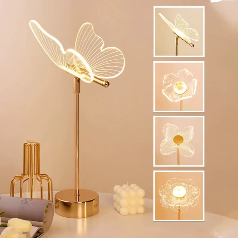 Table Lamp Retro Gold Acrylic Butterfly LED Desk Lamp Hotel Villa Art Decor LED Table Light Living Room Bedside LED Night Lights